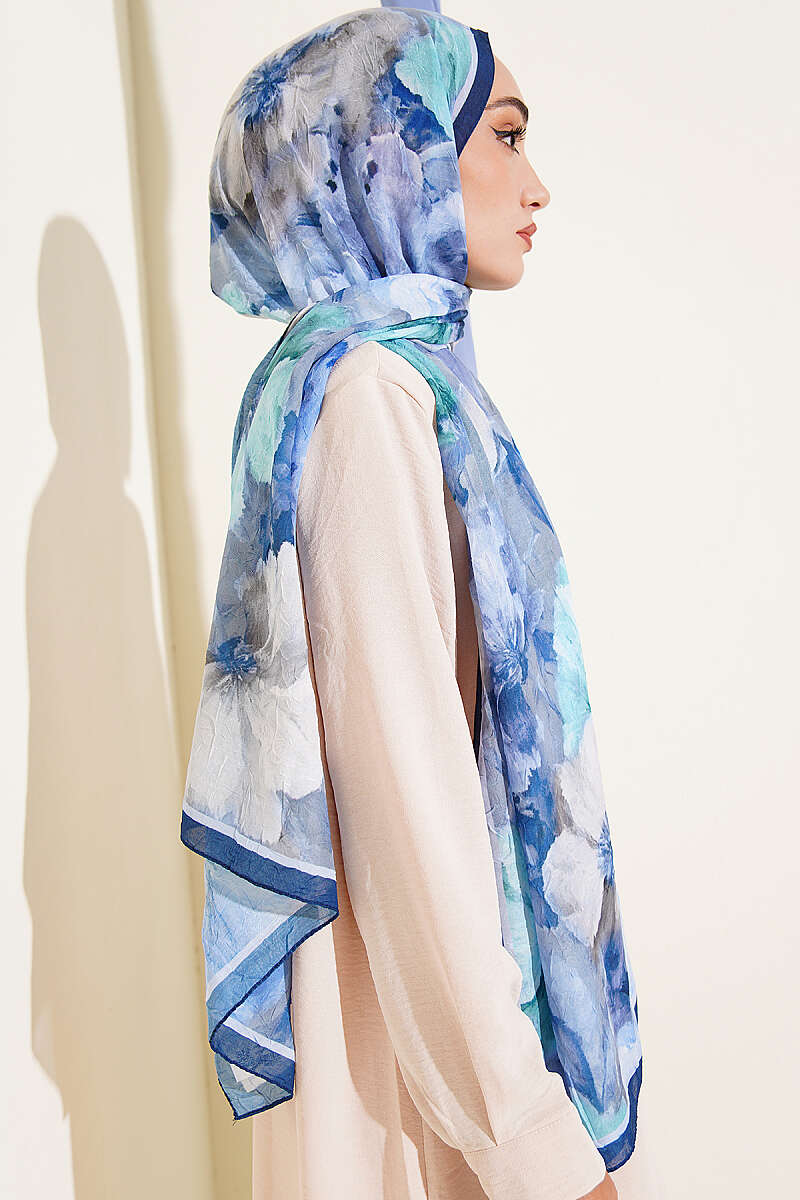 Floral Bamboo Crinkle Scarf with Stripe Details Navy Blue - Image 3