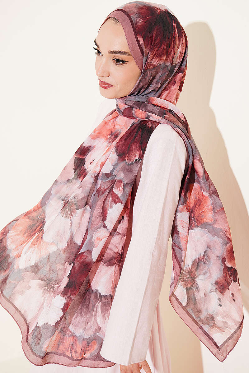 Floral Bamboo Crinkle Scarf with Stripe Details Latte