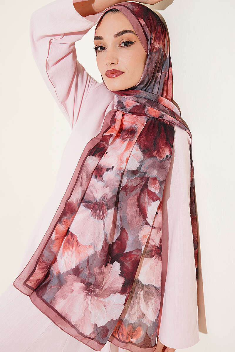 Floral Bamboo Crinkle Scarf with Stripe Details Latte - immagine 2
