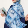 Floral Bamboo Crinkle Scarf with Stripe Details Navy Blue - Image 5