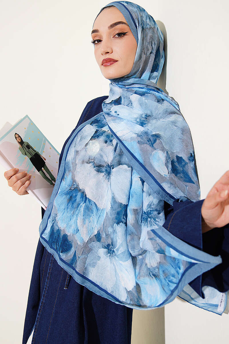 Floral Bamboo Crinkle Scarf with Stripe Details Navy Blue - Image 5