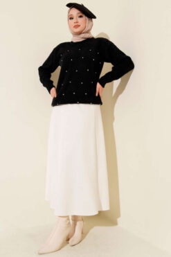 Alternative view of Striped Sweater with Mixed Stone Embellishments and Fringe Details Black