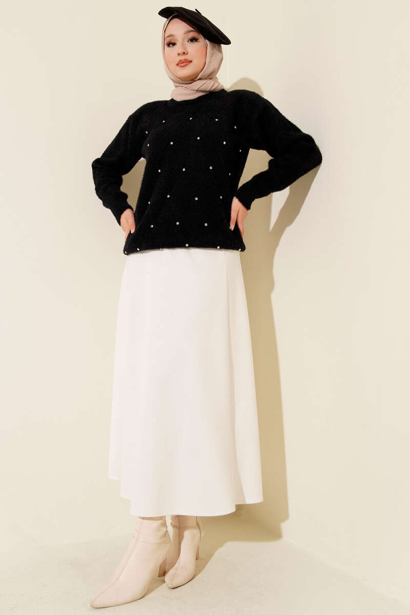 Striped Sweater with Mixed Stone Embellishments and Fringe Details Black - Imagen 2