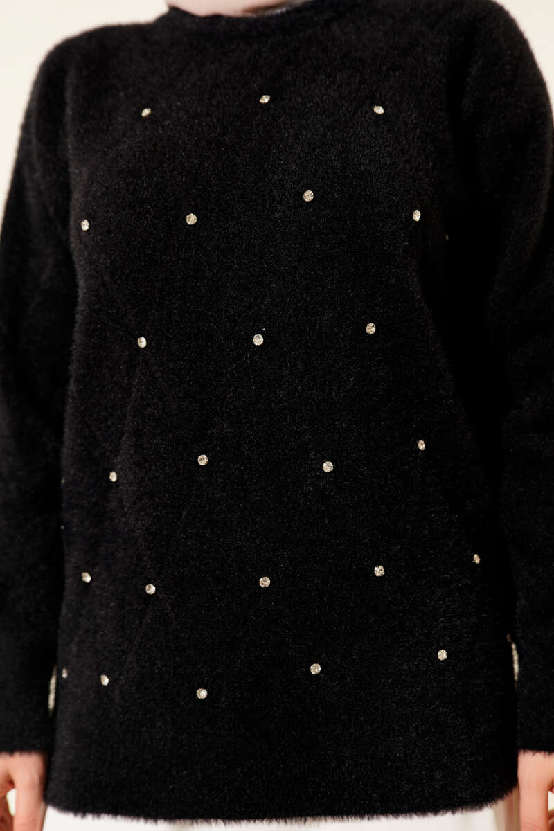 Striped Sweater with Mixed Stone Embellishments and Fringe Details Black - Imagen 4