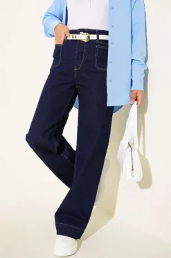 Pocketed Palazzo Denim Pants Navy Blue