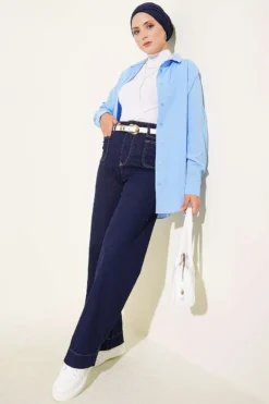 Vue alternative de Pocketed Palazzo Denim Pants Navy Blue