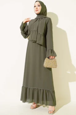 Stone-Embellished Chiffon Dress with Shawl Khaki