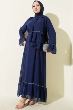 Stone-Embellished Chiffon Dress with Shawl Navy Blue