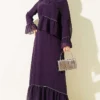 Stone-Embellished Chiffon Dress with Shawl Purple