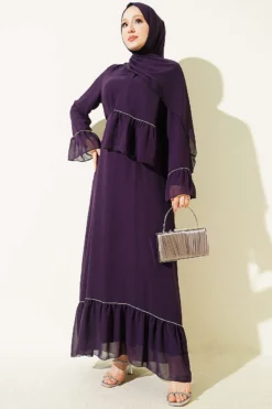 Stone-Embellished Chiffon Dress with Shawl Purple