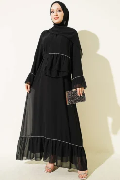 Stone-Embellished Chiffon Dress with Shawl Black