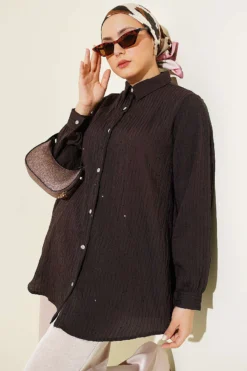 Stone Buttoned Line-Stitched Sequin Top Brown
