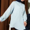 Button-Up Paillette Embellished Two-Thread Knit Blouse with Decorative Stitching Azure