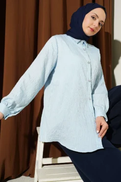 Button-Up Paillette Embellished Two-Thread Knit Blouse with Decorative Stitching Azure