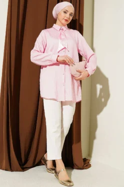Alternative Ansicht von Stone Buttoned Sequin Trimmed Shirt with Stitch Detail Pink
