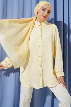 Stone Buttoned Sequin Trimmed Shirt with Stitch Detail Yellow