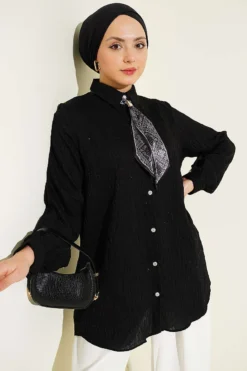 Stone Buttoned Sequin Trimmed Shirt with Stitch Detail Black