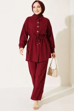Stone-Embellished Tunic Set Burgundy