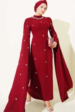Stone Embellished Shoulder Cape Dress Burgundy