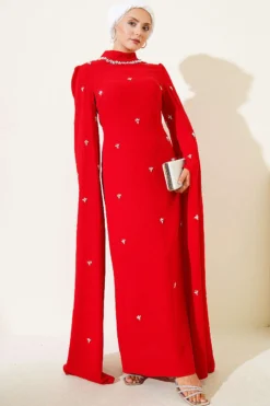 Stone Embellished Shoulder Cape Dress Red