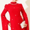 Stone Embellished Shoulder Cape Dress Red - Afbeelding 2