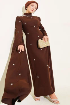 Stone Embellished Shoulder Cape Dress Brown