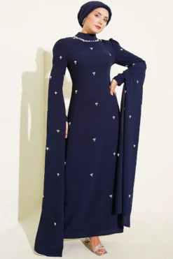 Stone Embellished Shoulder Cape Dress Navy Blue