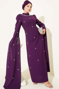 Stone Embellished Shoulder Cape Dress Purple