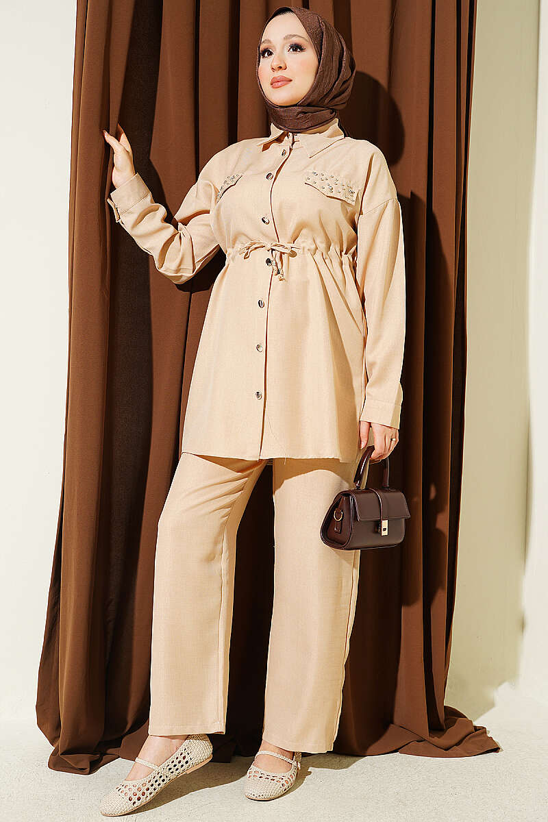 Stone Detail Faux Pocket Flap Two-Piece Set Beige