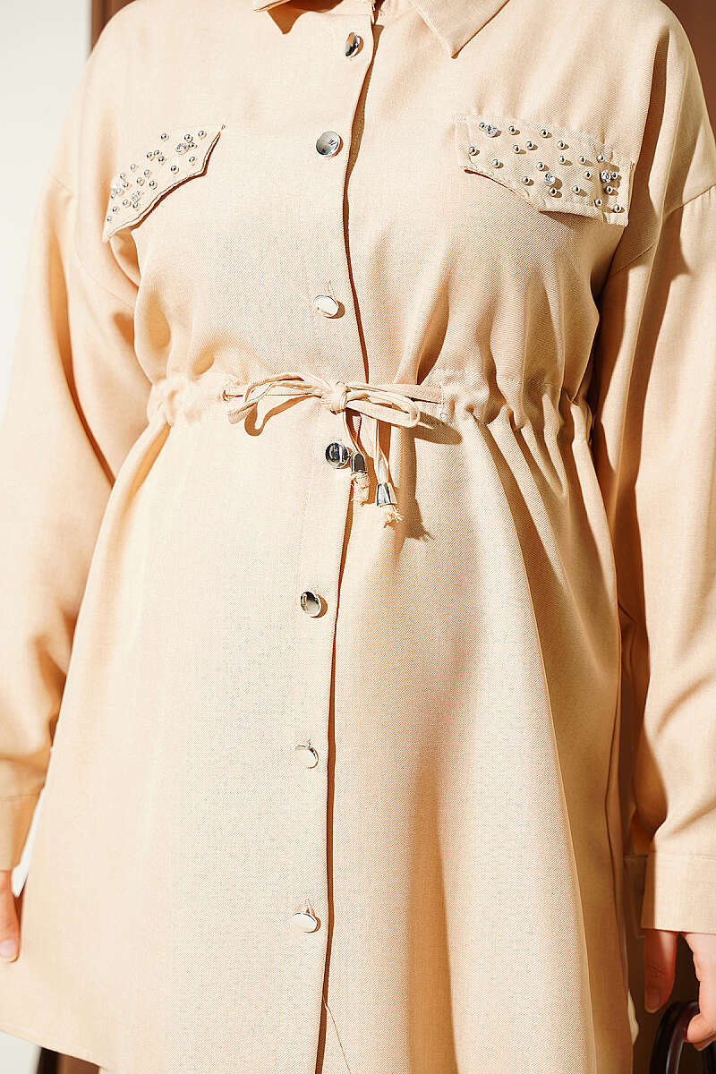 Stone Detail Faux Pocket Flap Two-Piece Set Beige – Bild 4