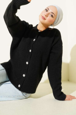 Stone Button Soft Knit Short Cardigan Black