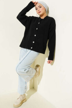 Alternative view of Stone Button Soft Knit Short Cardigan Black