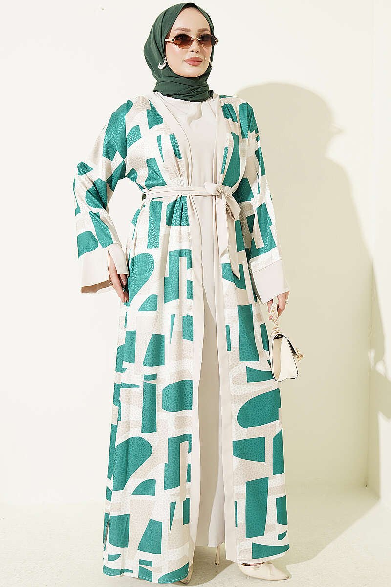 Stone Jacquard Patterned Abaya Two-Piece Set Green