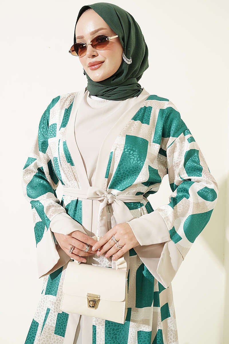 Stone Jacquard Patterned Abaya Two-Piece Set Green – Image 2