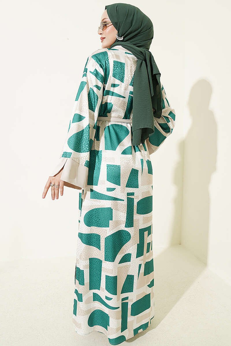 Stone Jacquard Patterned Abaya Two-Piece Set Green – Image 3