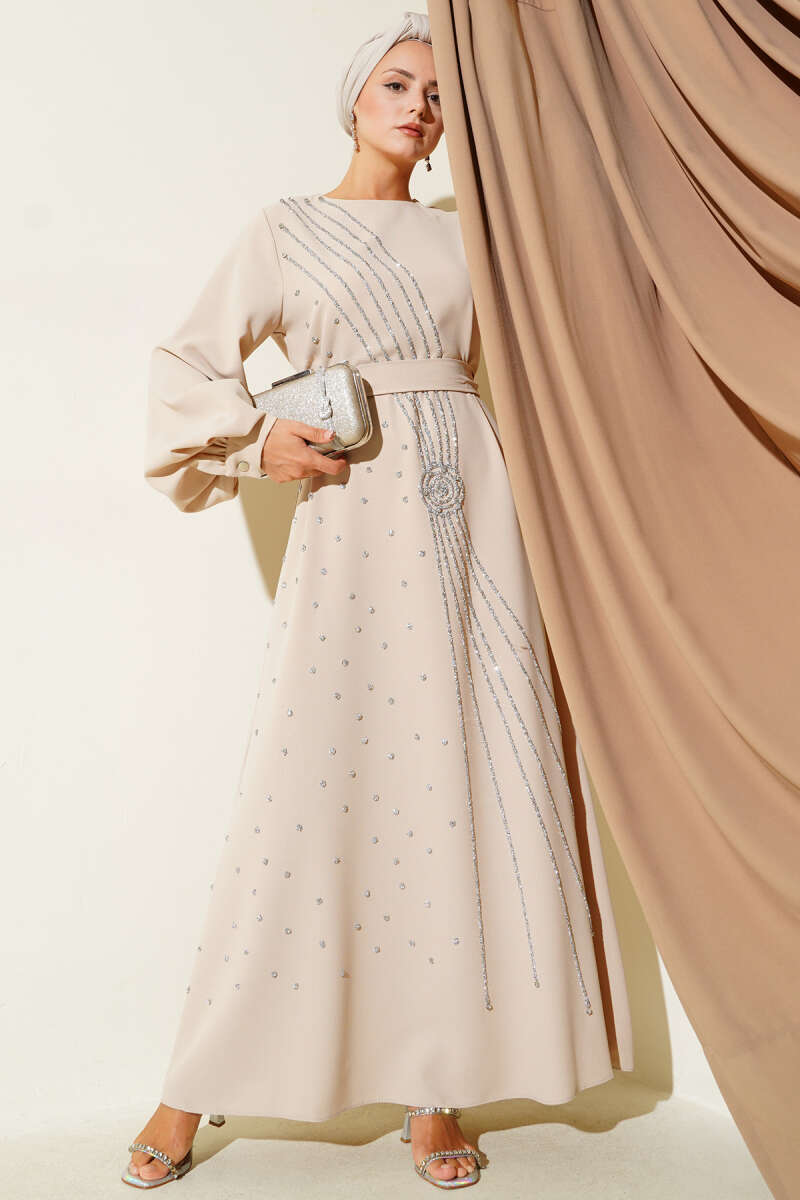 Floral Embellished Evening Dress Beige