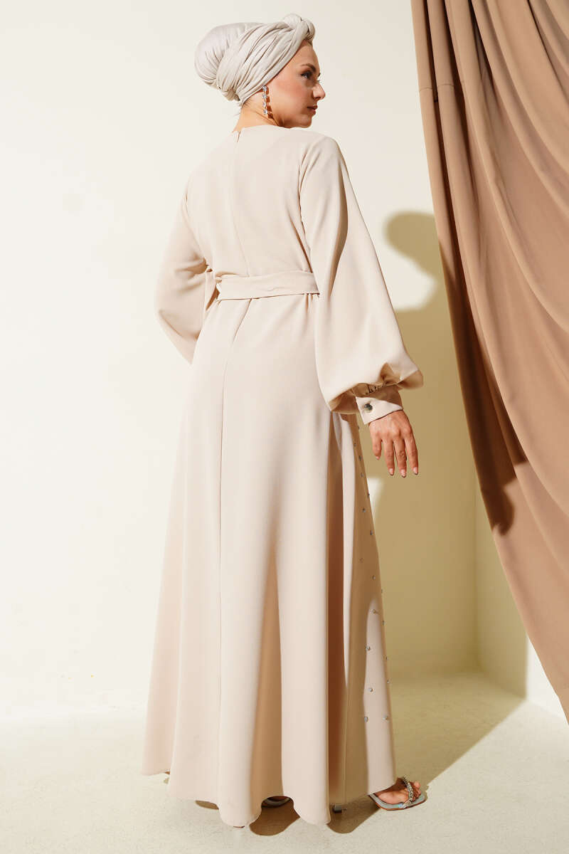 Floral Embellished Evening Dress Beige - Image 3
