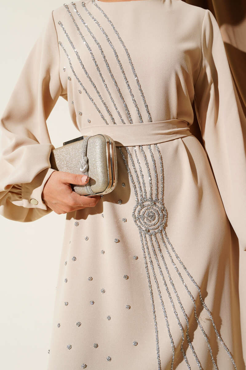 Floral Embellished Evening Dress Beige - Image 4