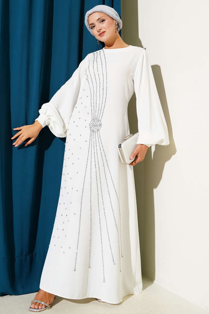 Floral Embellished Evening Dress White