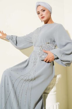 Floral Embellished Evening Dress Grey