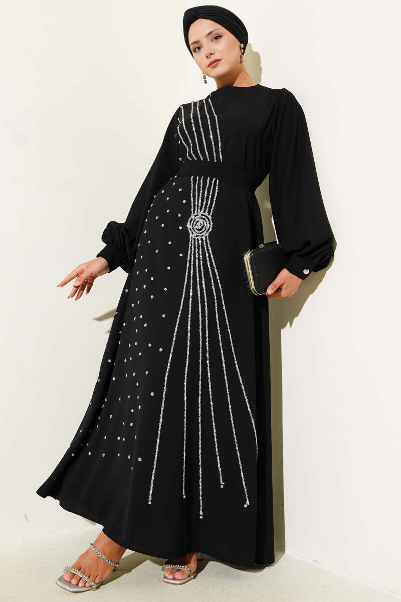 Floral Embellished Evening Dress Black
