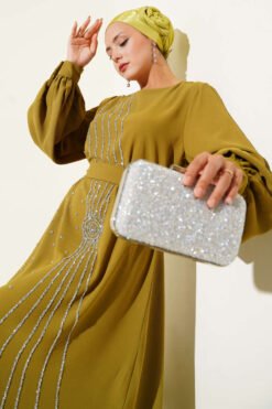 Floral Embellished Evening Dress Stone