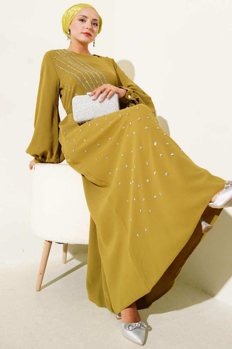 Floral Embellished Evening Dress Stone - Image 2