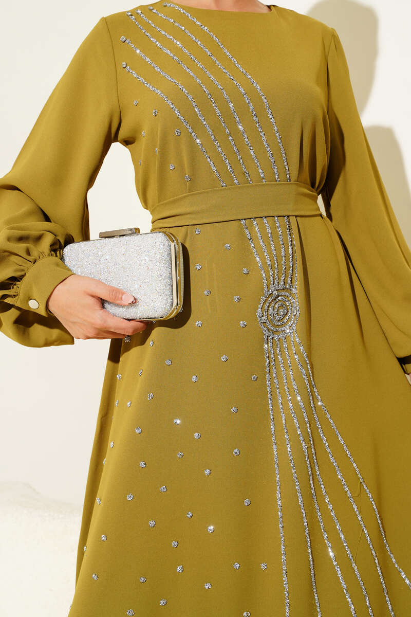 Floral Embellished Evening Dress Stone - Image 4