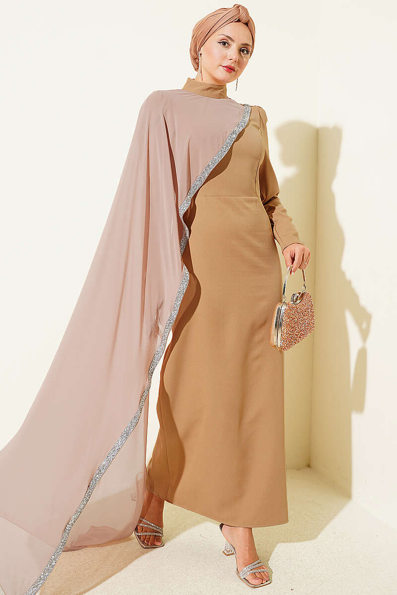 Tulle Cape Evening Dress Latte