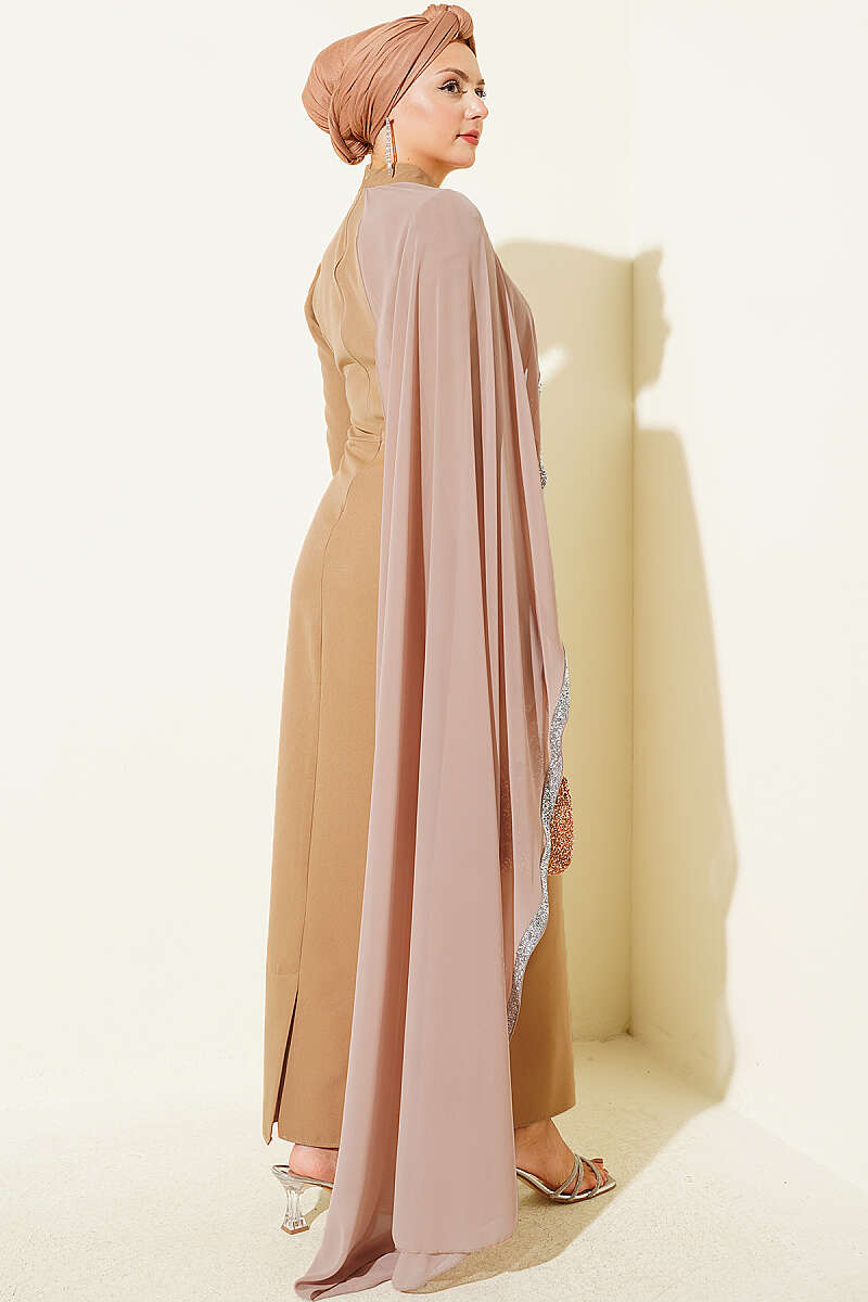 Tulle Cape Evening Dress Latte - الصورة 3