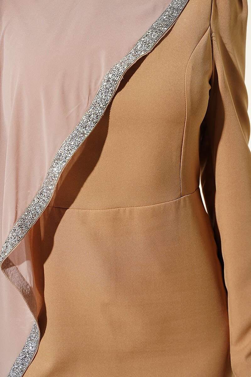 Tulle Cape Evening Dress Latte - الصورة 4