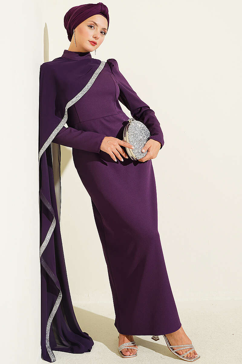 Tulle Cape Evening Dress Purple