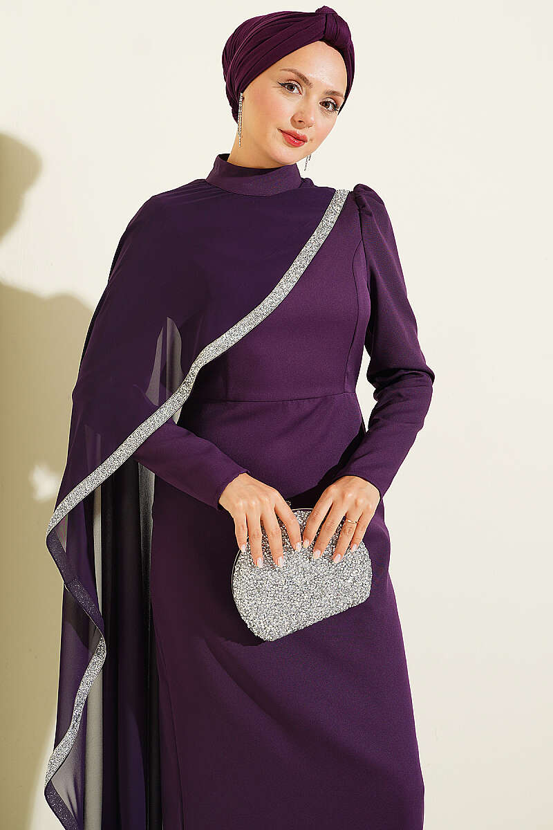Tulle Cape Evening Dress Purple - الصورة 2
