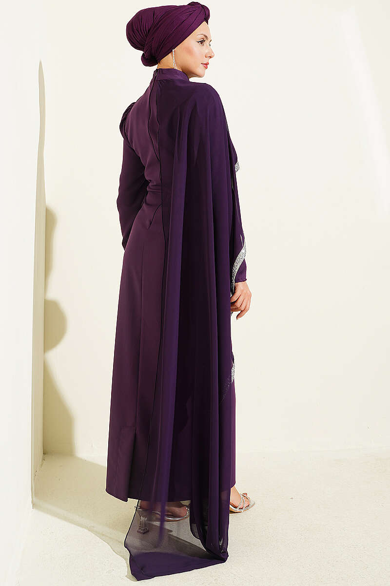 Tulle Cape Evening Dress Purple - الصورة 3